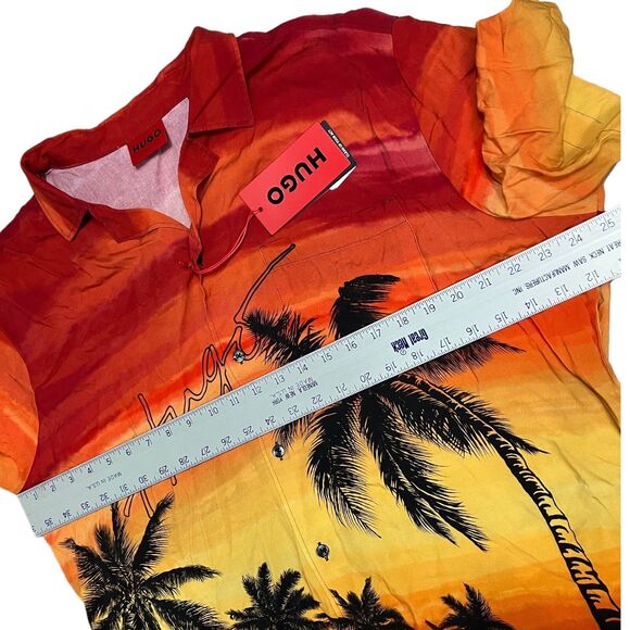 HUGO BOSS Shirt Mens XXL Red Button Up Hawaiian Palm Tree Resortwear Tropical - Picture 4 of 8